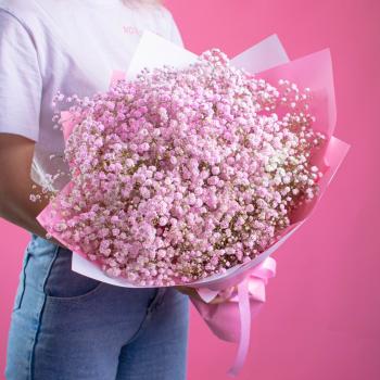 Букет из 11 розовых роз и гипсофил