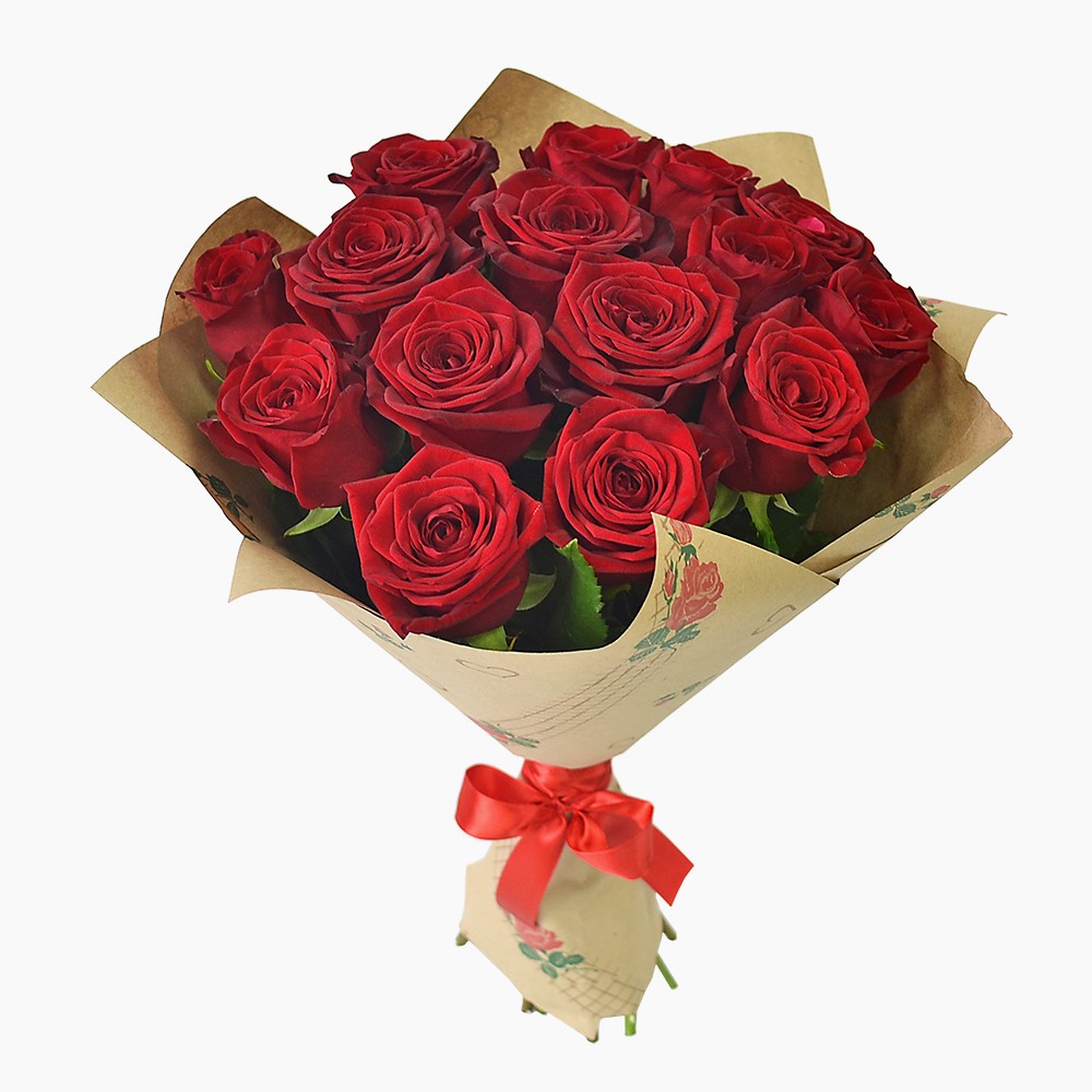 Букет из 15 красных роз в крафте, 50см