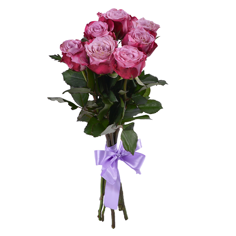 Букет из 7 кустовых светло-розовых роз в фиолетовой пленке